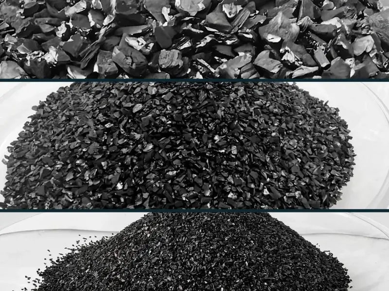 Granular activated carbon in three mesh fractions side by side: 4x8, 6x12 and 8x30