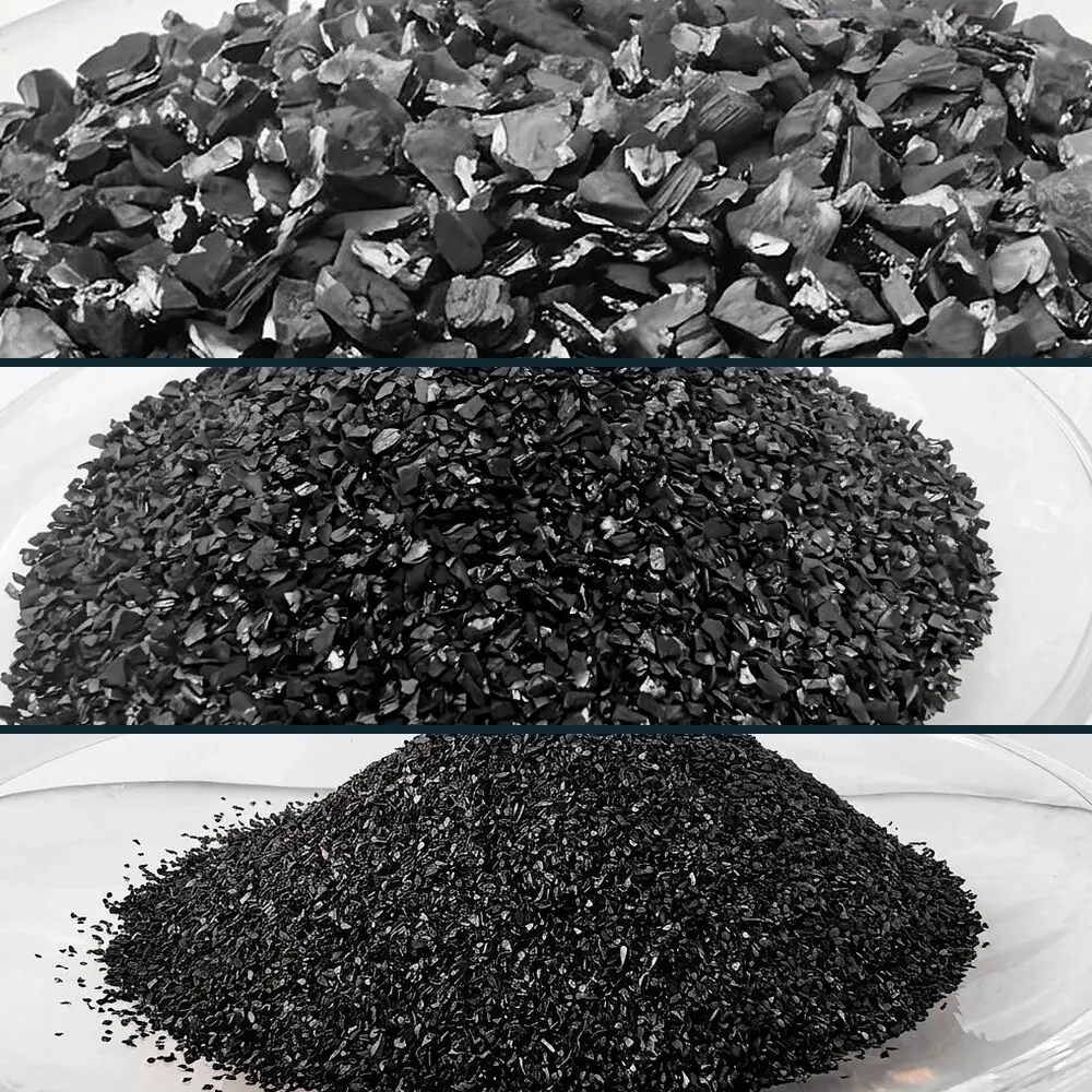 Granular activated carbon in three mesh fractions side by side: 4x8, 6x12 and 8x30